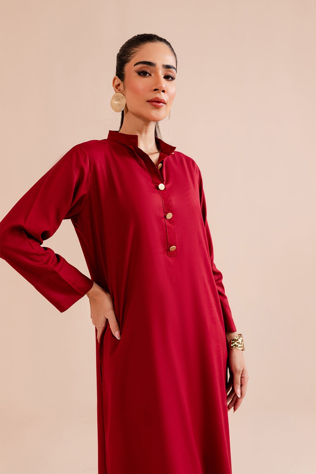 Carmine Red Buttoned Dress - Peach Republic