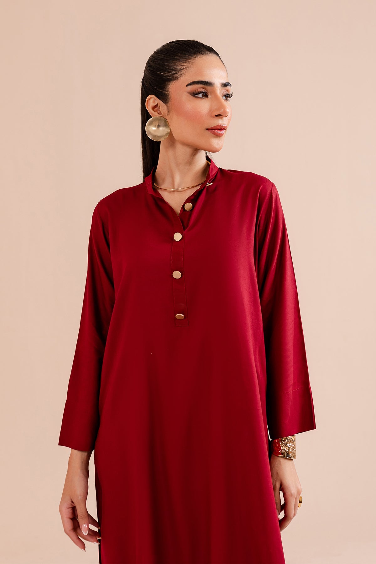 Carmine Red Buttoned Dress - Peach Republic