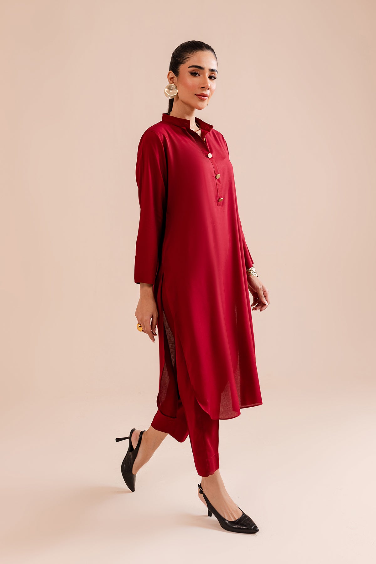 Carmine Red Buttoned Dress - Peach Republic