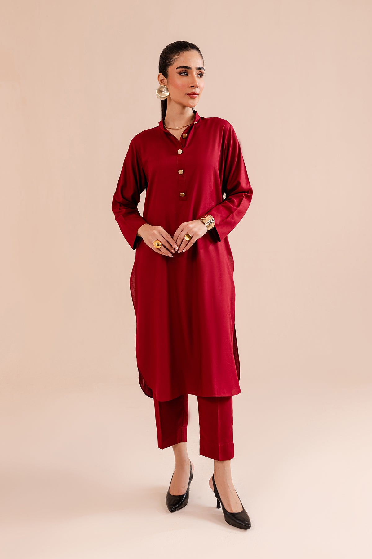 Carmine Red Buttoned Dress - Peach Republic