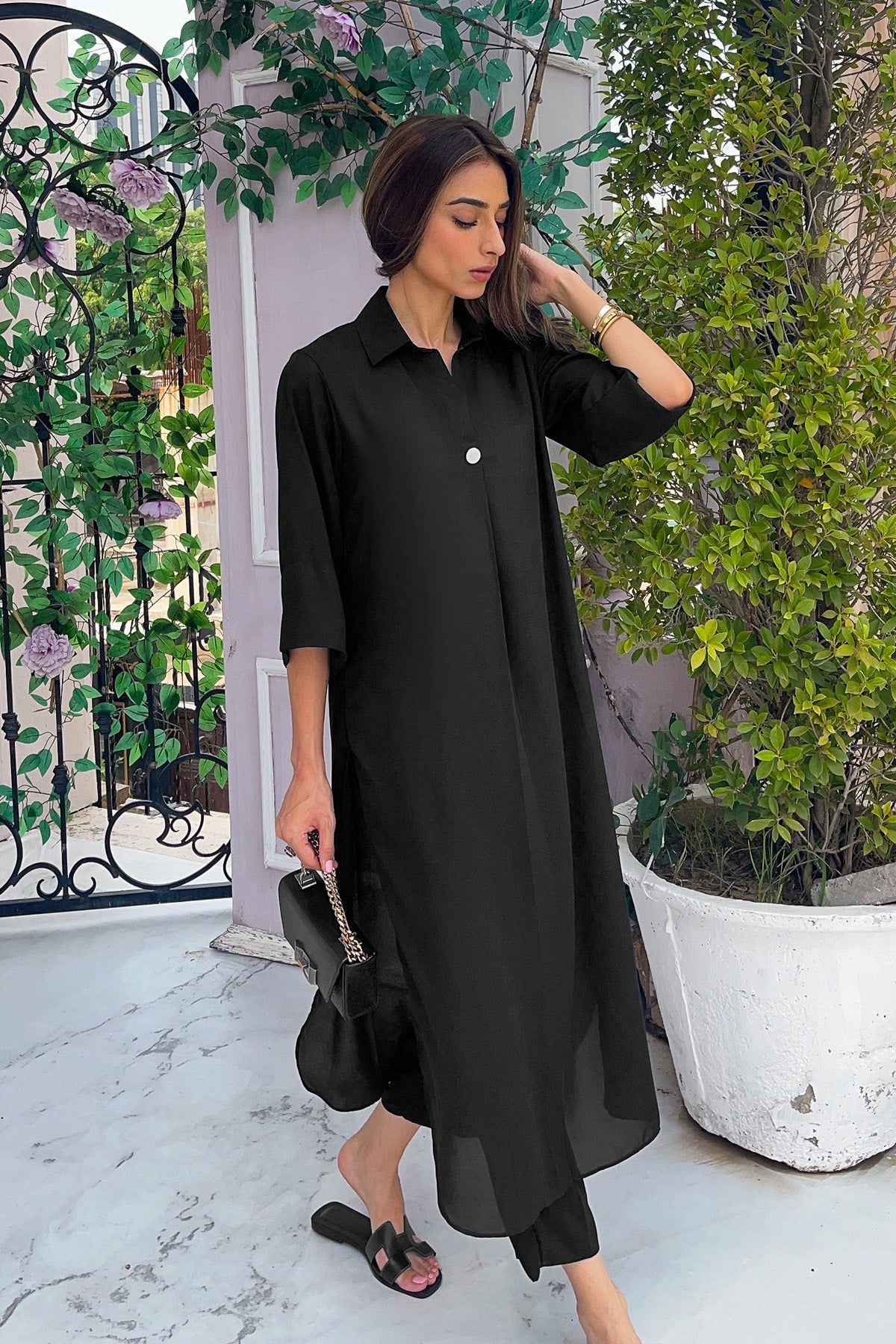 Elegant Black Crepe Dress-CC - Peach Republic