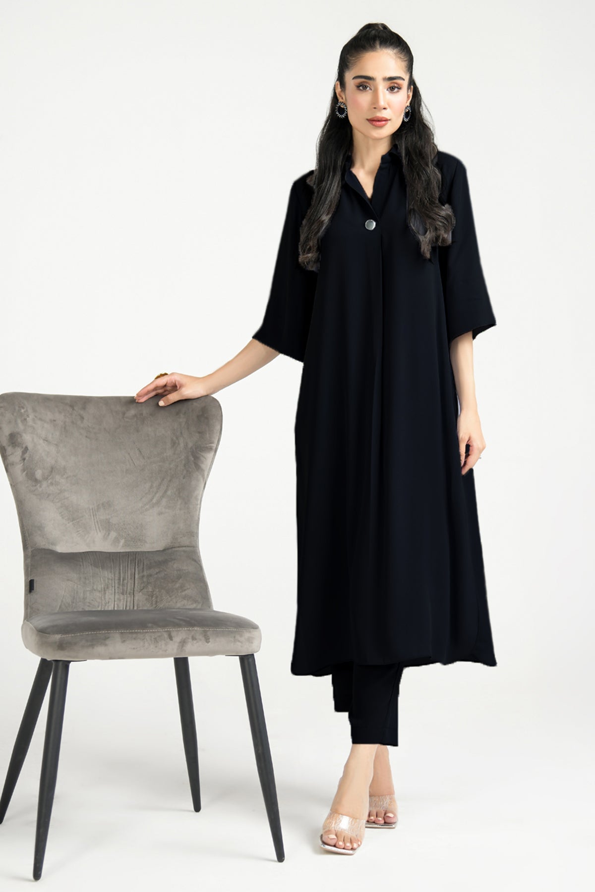 Elegant Black Crepe Dress-CC - Peach Republic