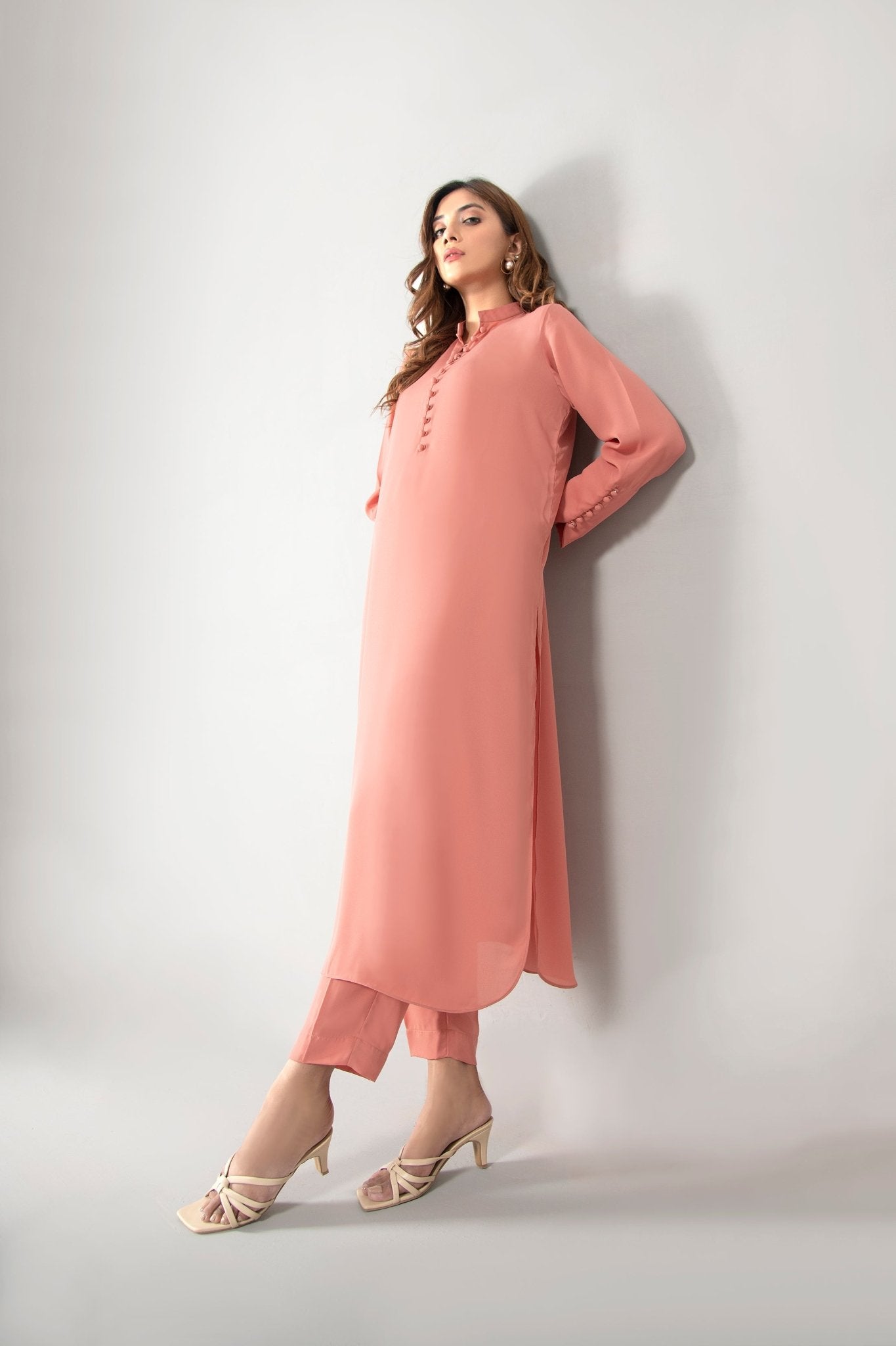 Elegant Double Georgette Peach Pink Dress– Peach Republic