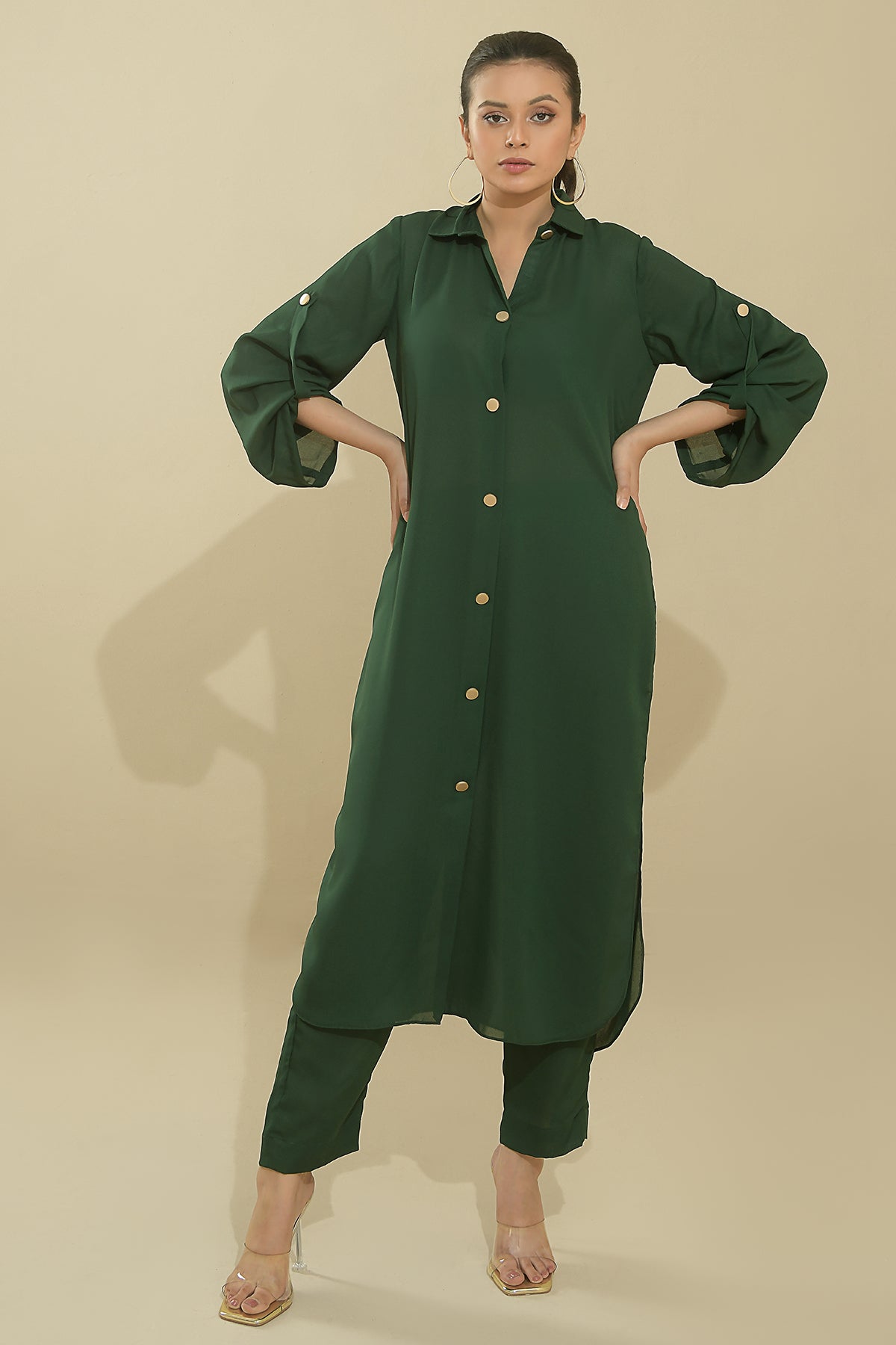 Elegant Green Buttoned Dress - Peach Republic