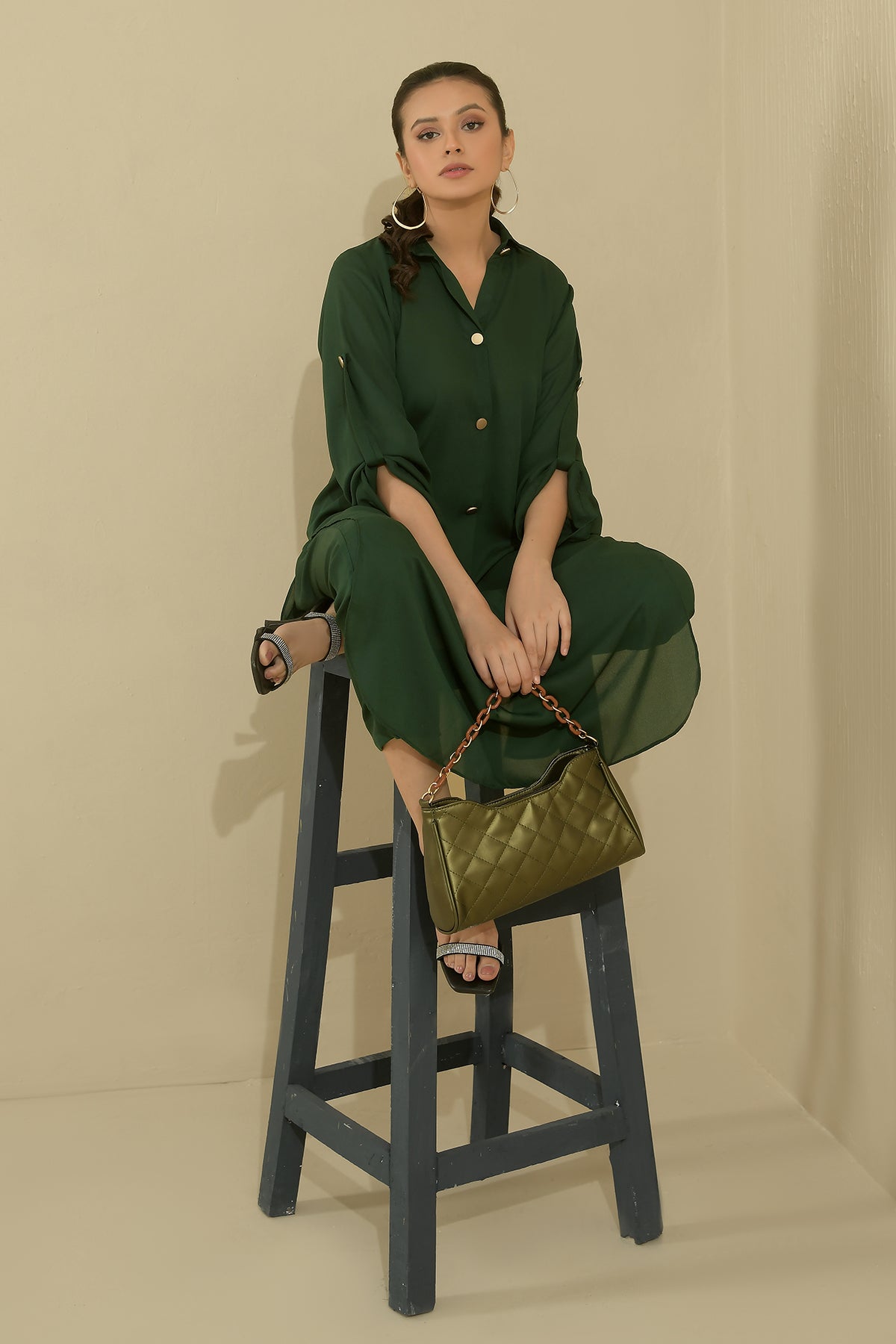 Elegant Green Buttoned Dress - Peach Republic