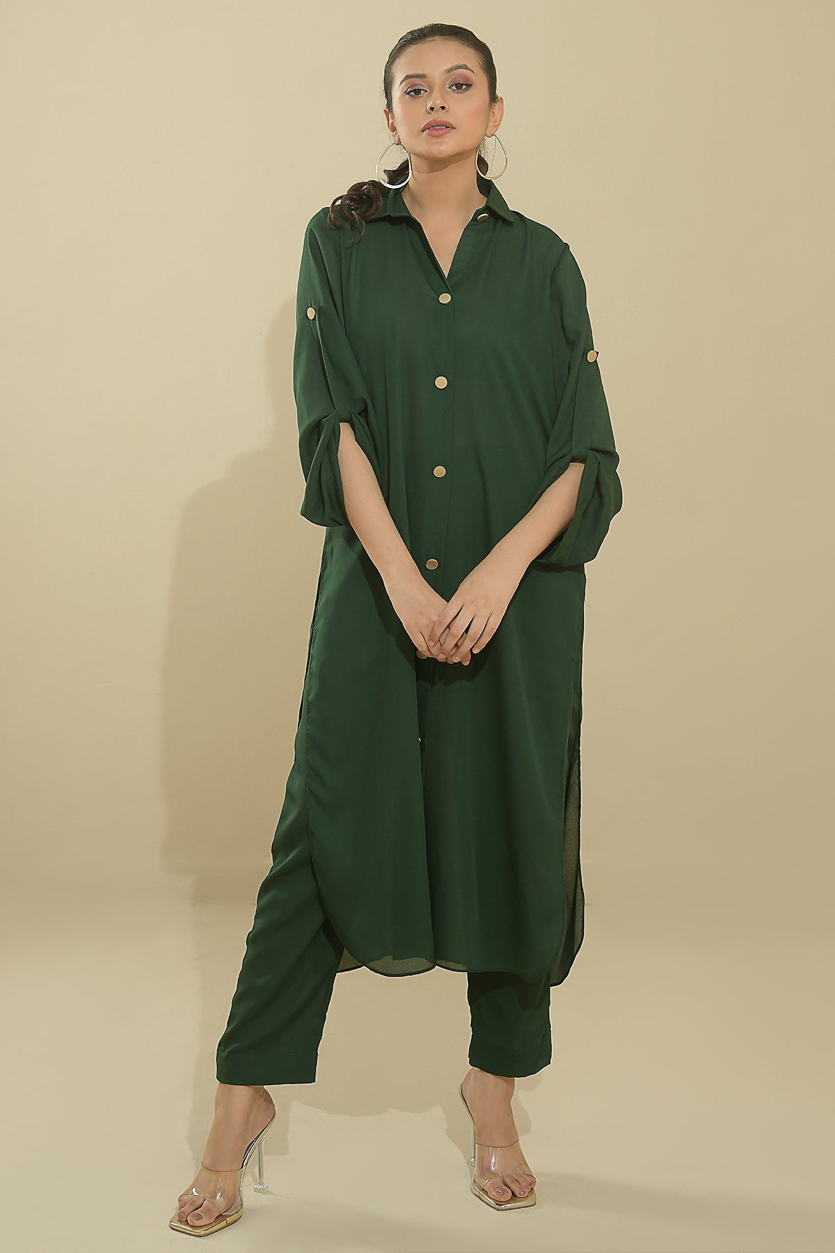 Elegant Green Buttoned Dress - Peach Republic