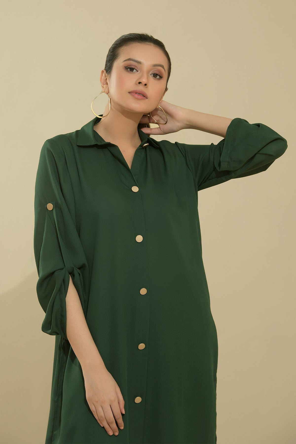 Elegant Green Buttoned Dress - Peach Republic