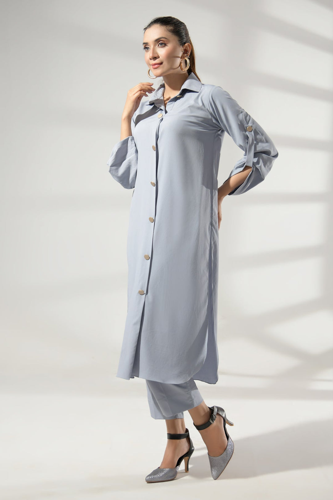 Grey Buttoned Grip Dress - Peach Republic