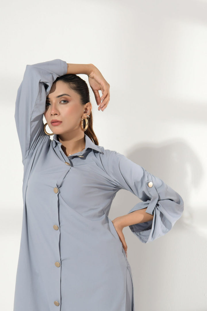 Grey Buttoned Grip Dress - Peach Republic