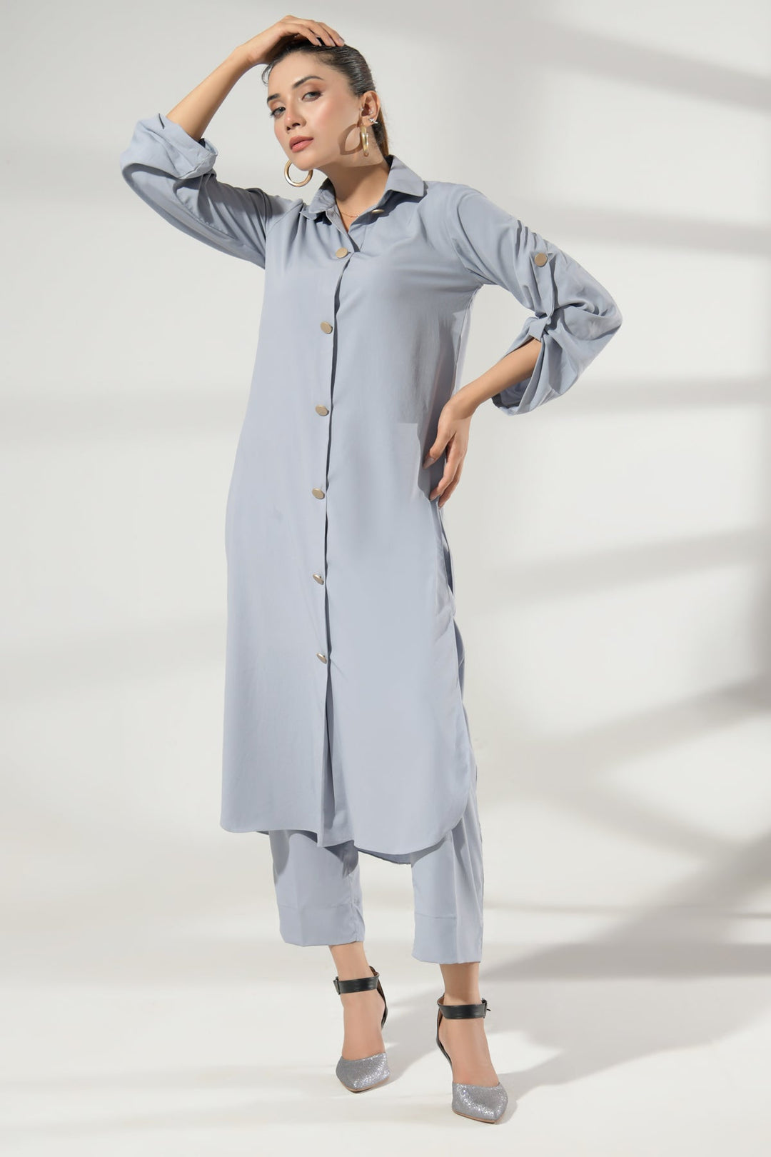 Grey Buttoned Grip Dress - Peach Republic