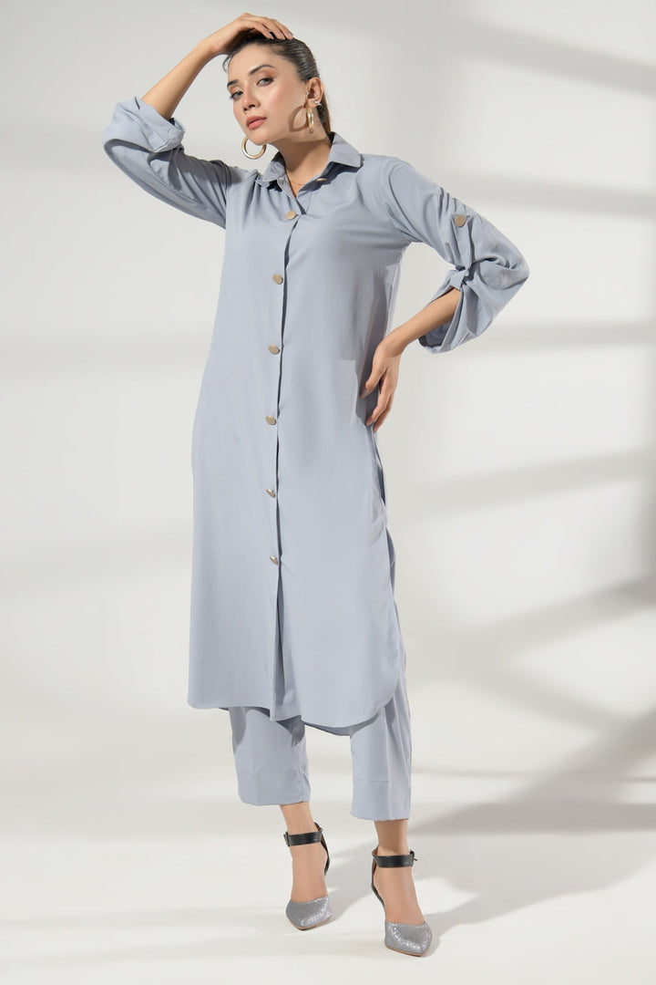 Grey Buttoned Grip Dress - Peach Republic