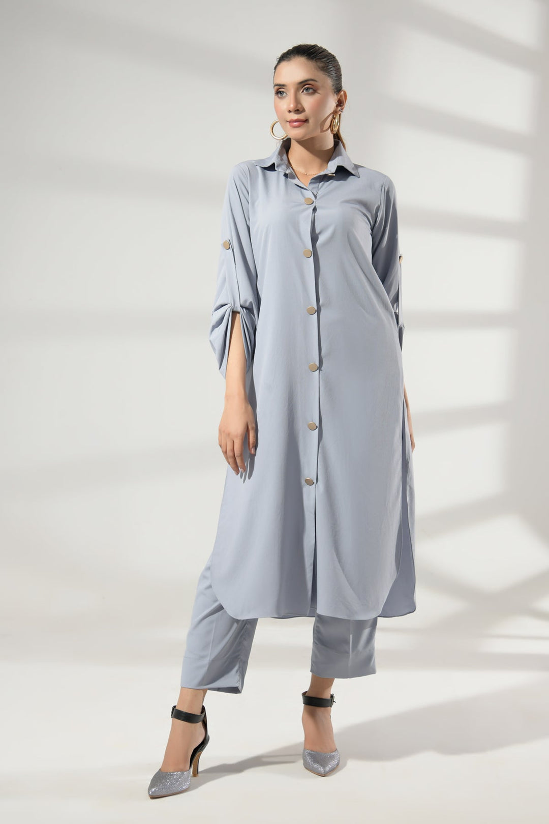 Grey Buttoned Grip Dress - Peach Republic