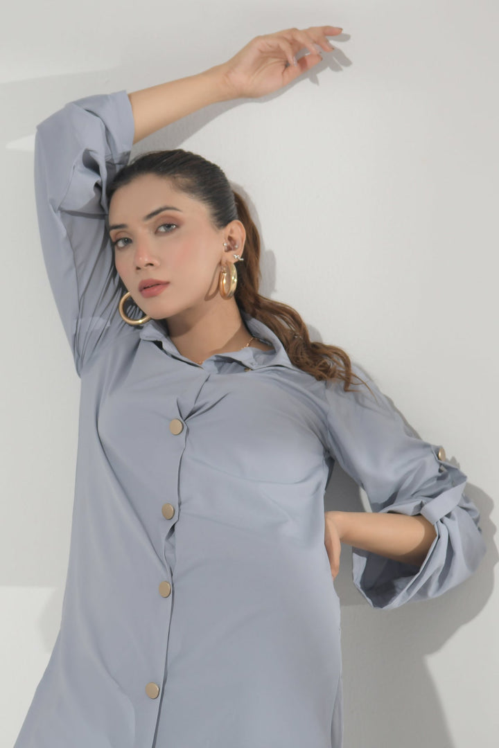 Grey Buttoned Grip Dress - Peach Republic