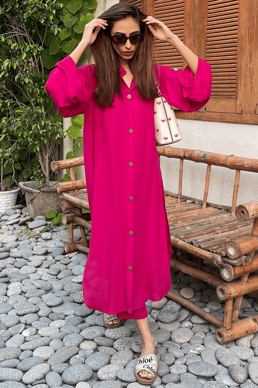 Hot Pink Buttoned Dress - Peach Republic