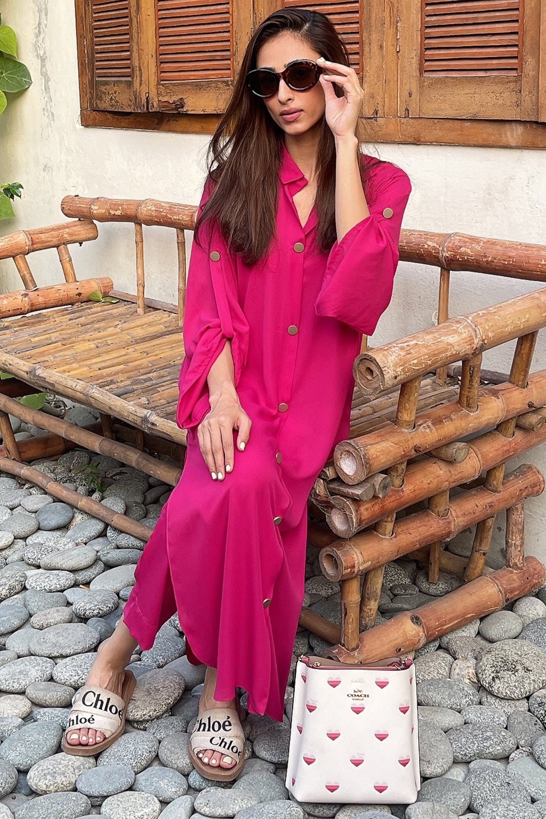 Hot Pink Buttoned Dress - Peach Republic