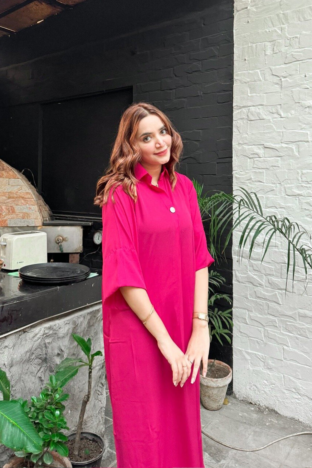 Hot Pink Crepe Dress - Peach Republic