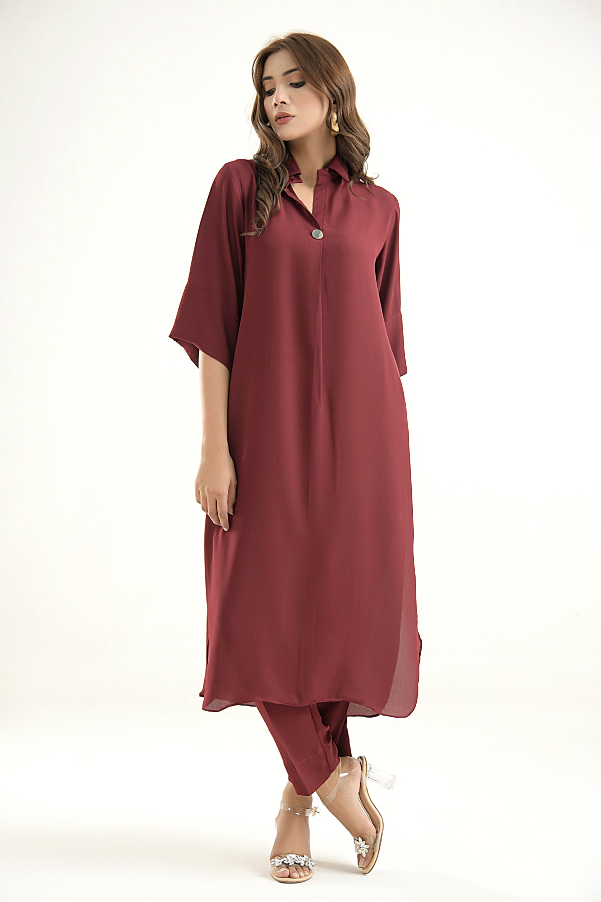 Maroon Crepe Dress - Peach Republic