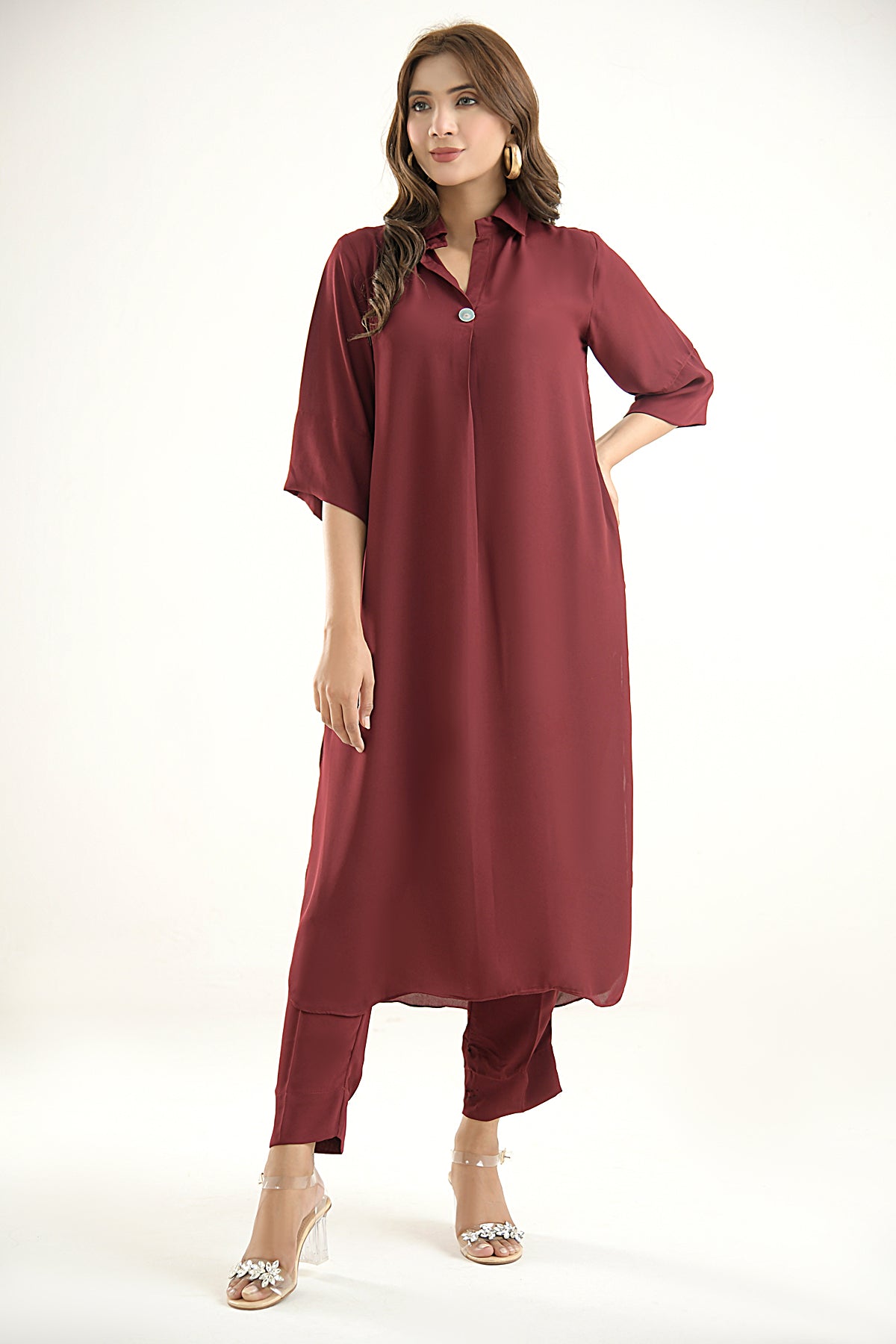 Maroon Crepe Dress - Peach Republic