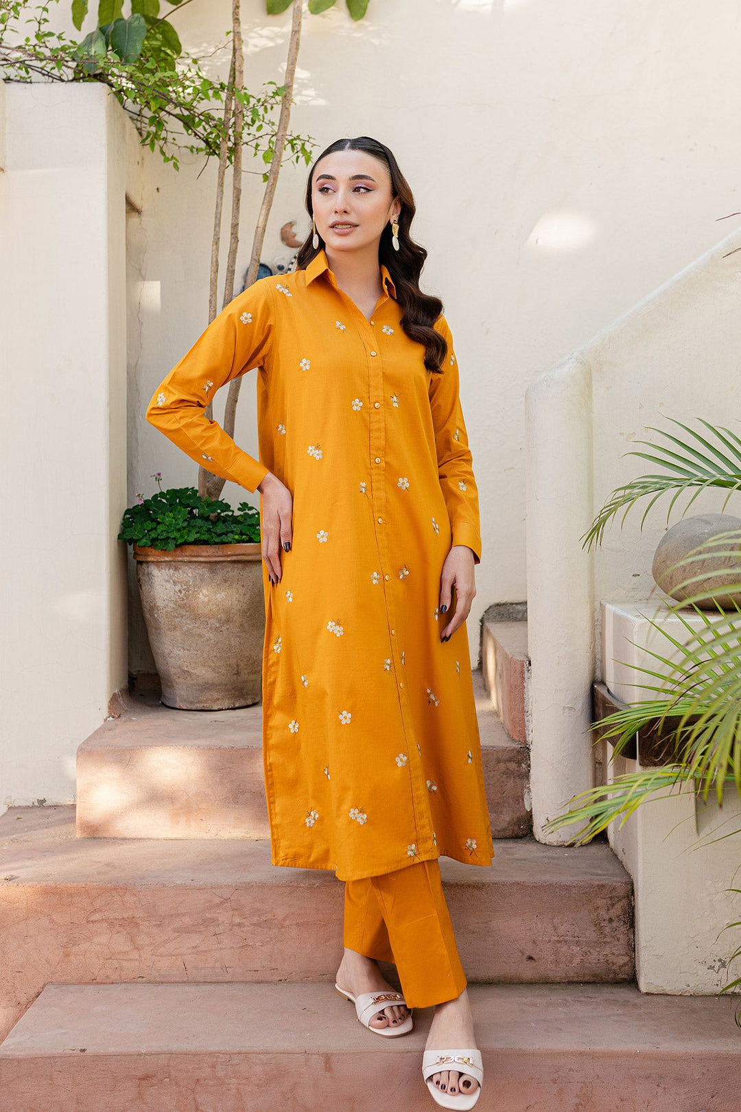 Mustard Embroidered Dress - Peach Republic