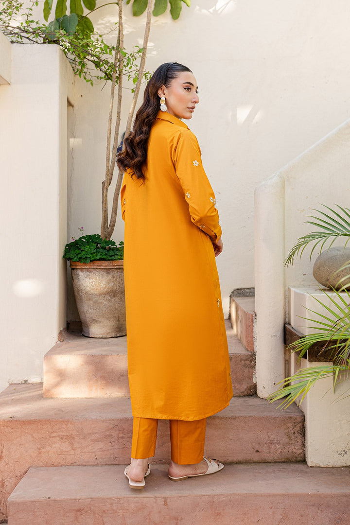 Mustard Embroidered Dress - Peach Republic