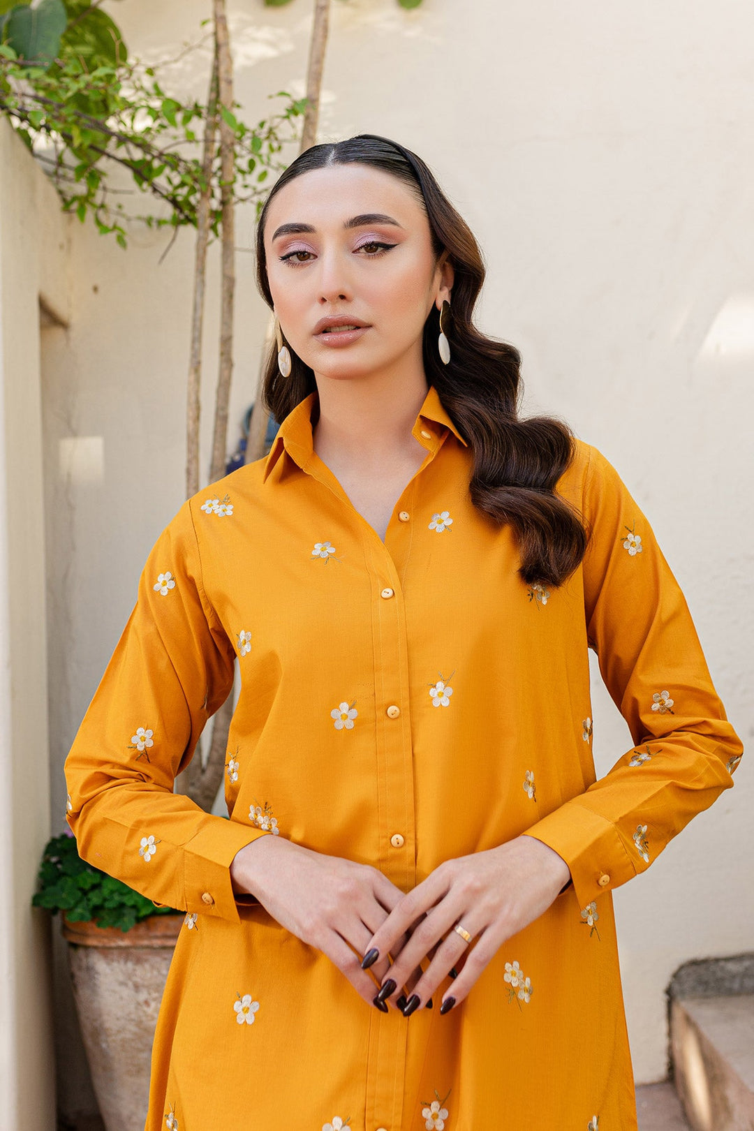 Mustard Embroidered Dress - Peach Republic