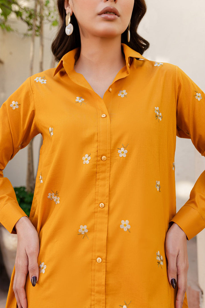 Mustard Embroidered Dress - Peach Republic