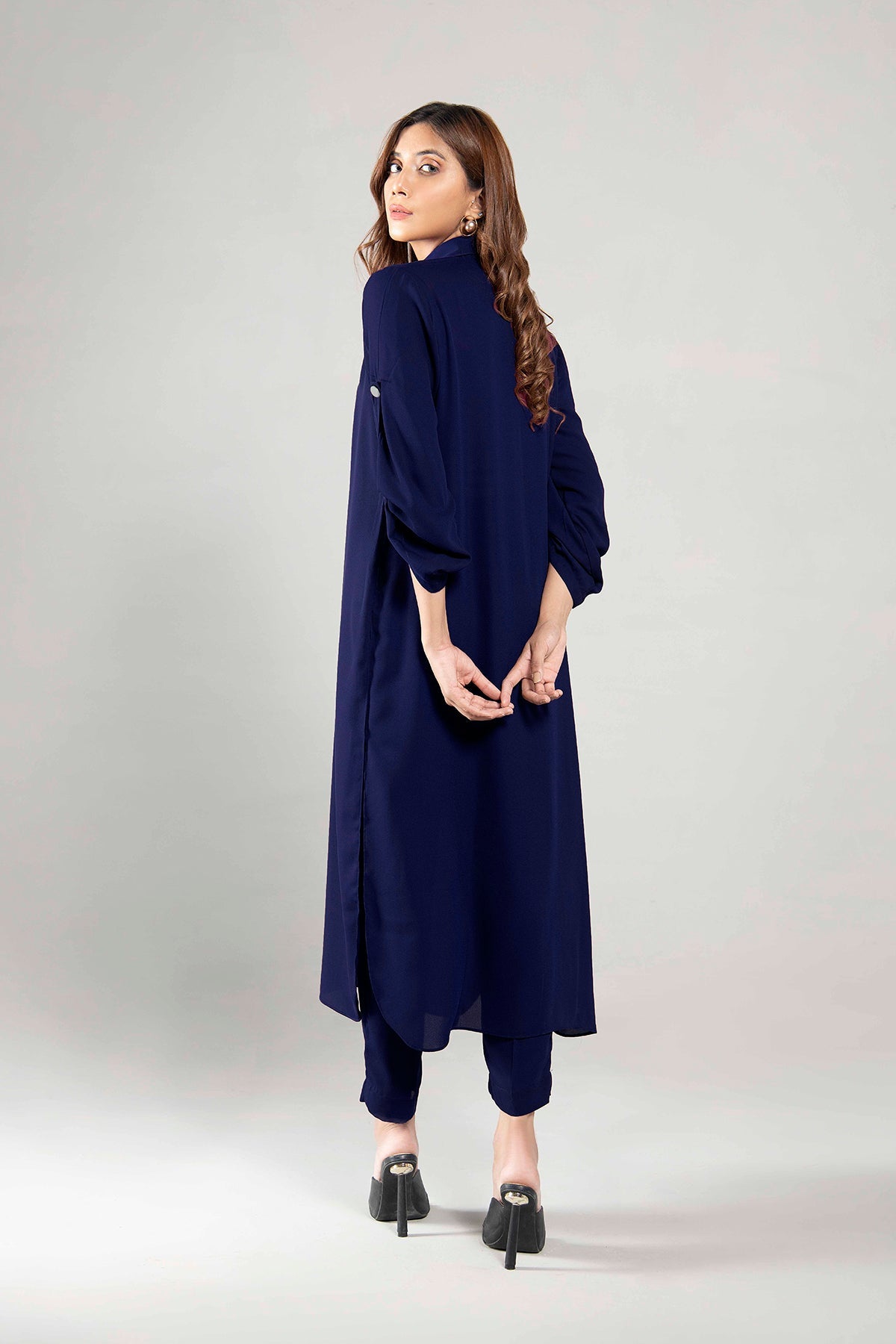 Navy Blue Crepe Buttoned Dress - Peach Republic