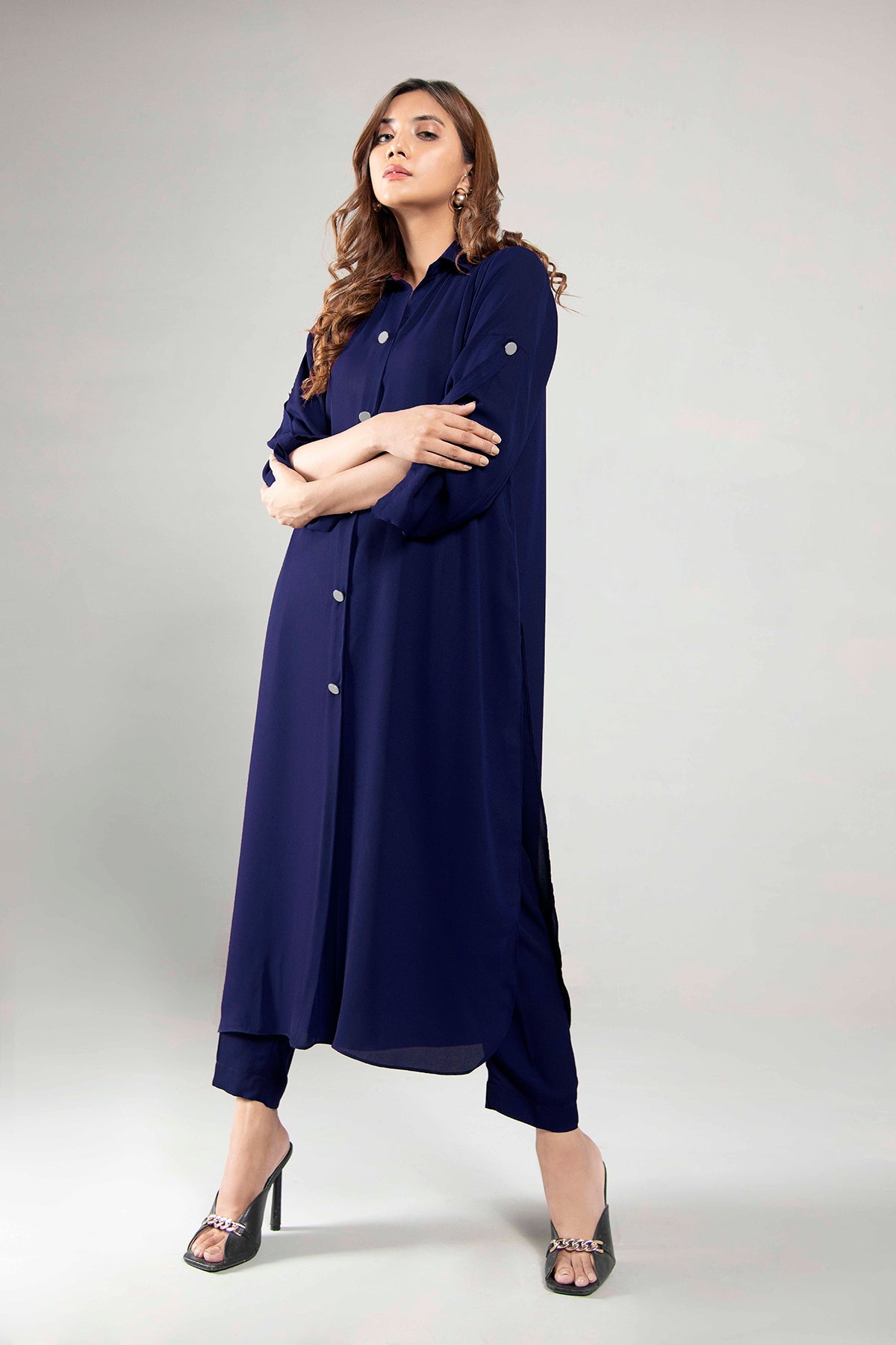 Navy Blue Crepe Buttoned Dress - Peach Republic