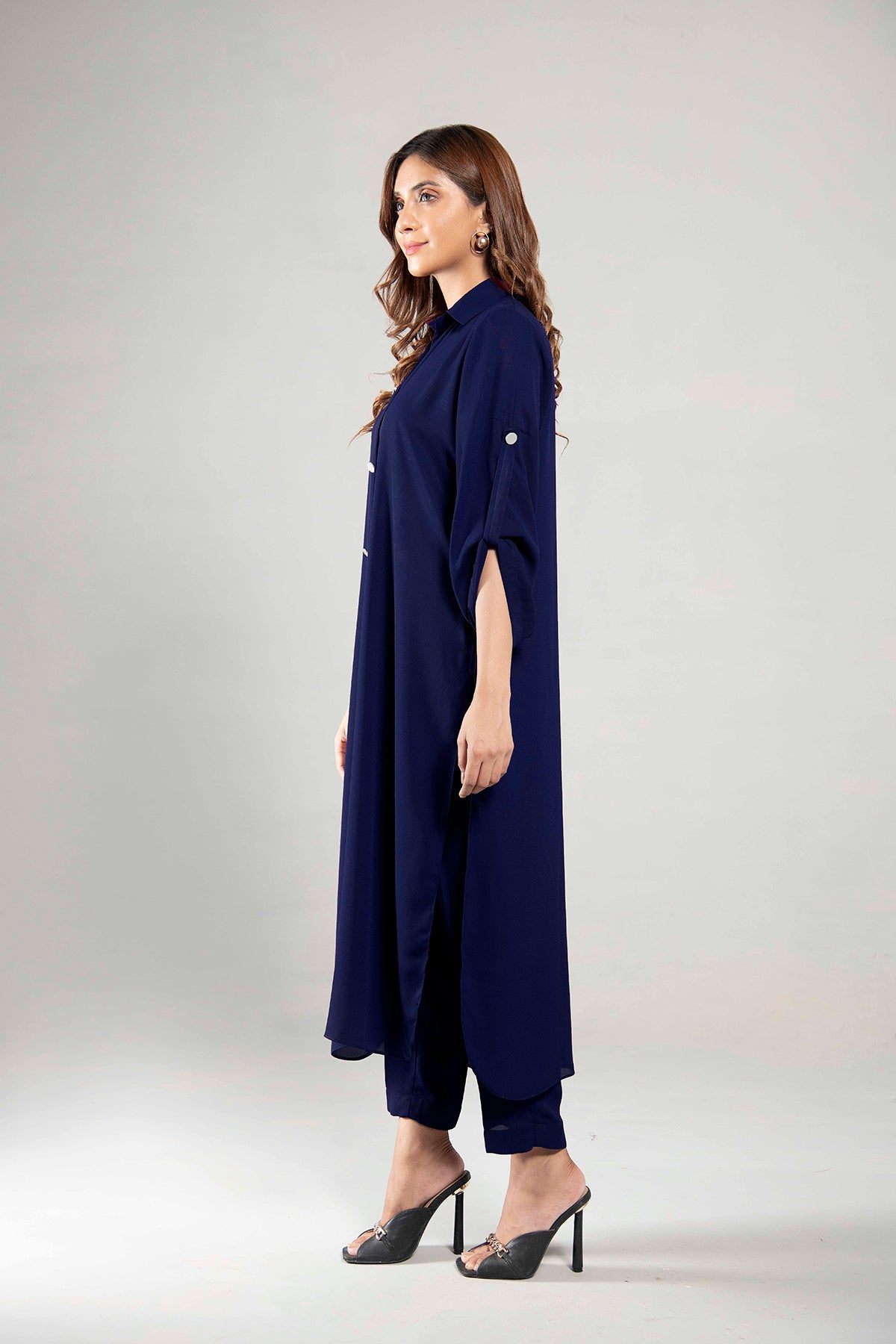 Navy Blue Crepe Buttoned Dress - Peach Republic