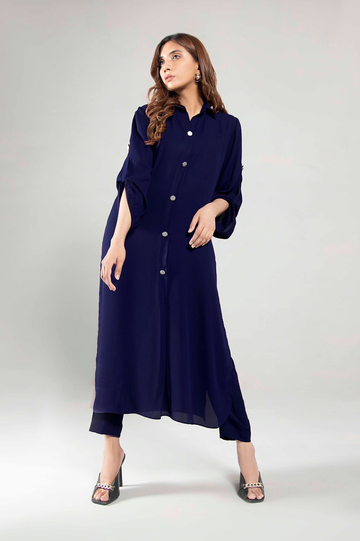 Navy Blue Crepe Buttoned Dress - Peach Republic