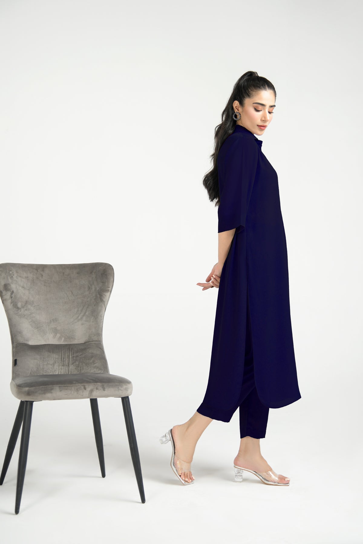 Navy Blue Crepe Dress - Peach Republic