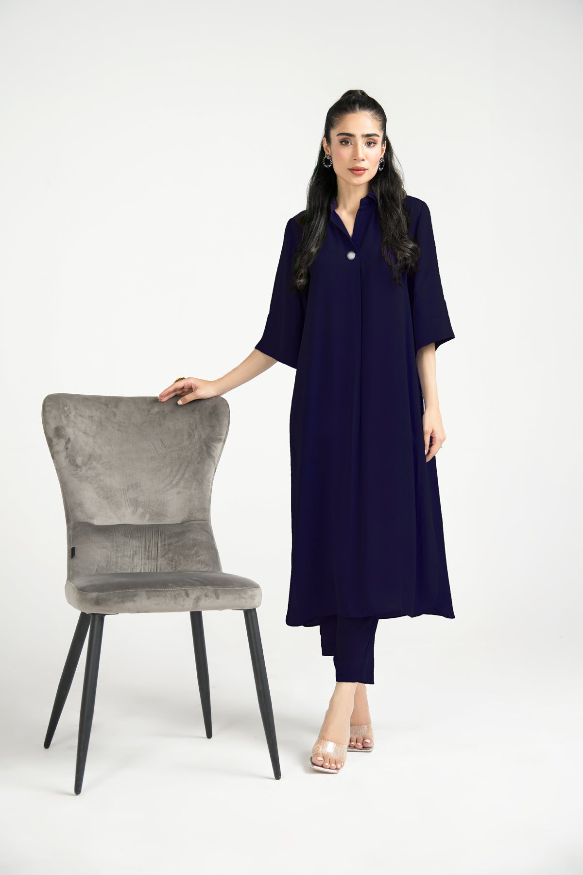 Navy Blue Crepe Dress - Peach Republic