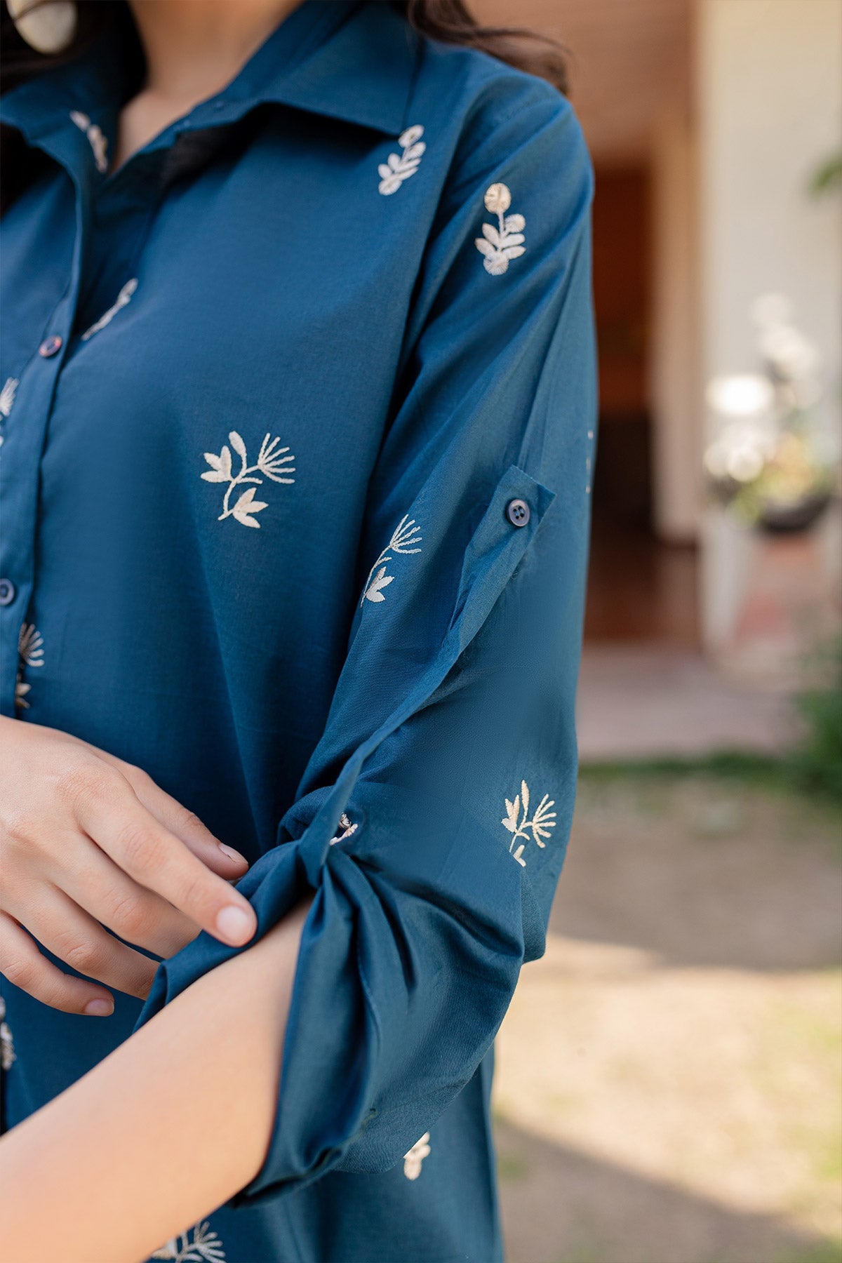 Navy Blue Embroidered Dress - Peach Republic