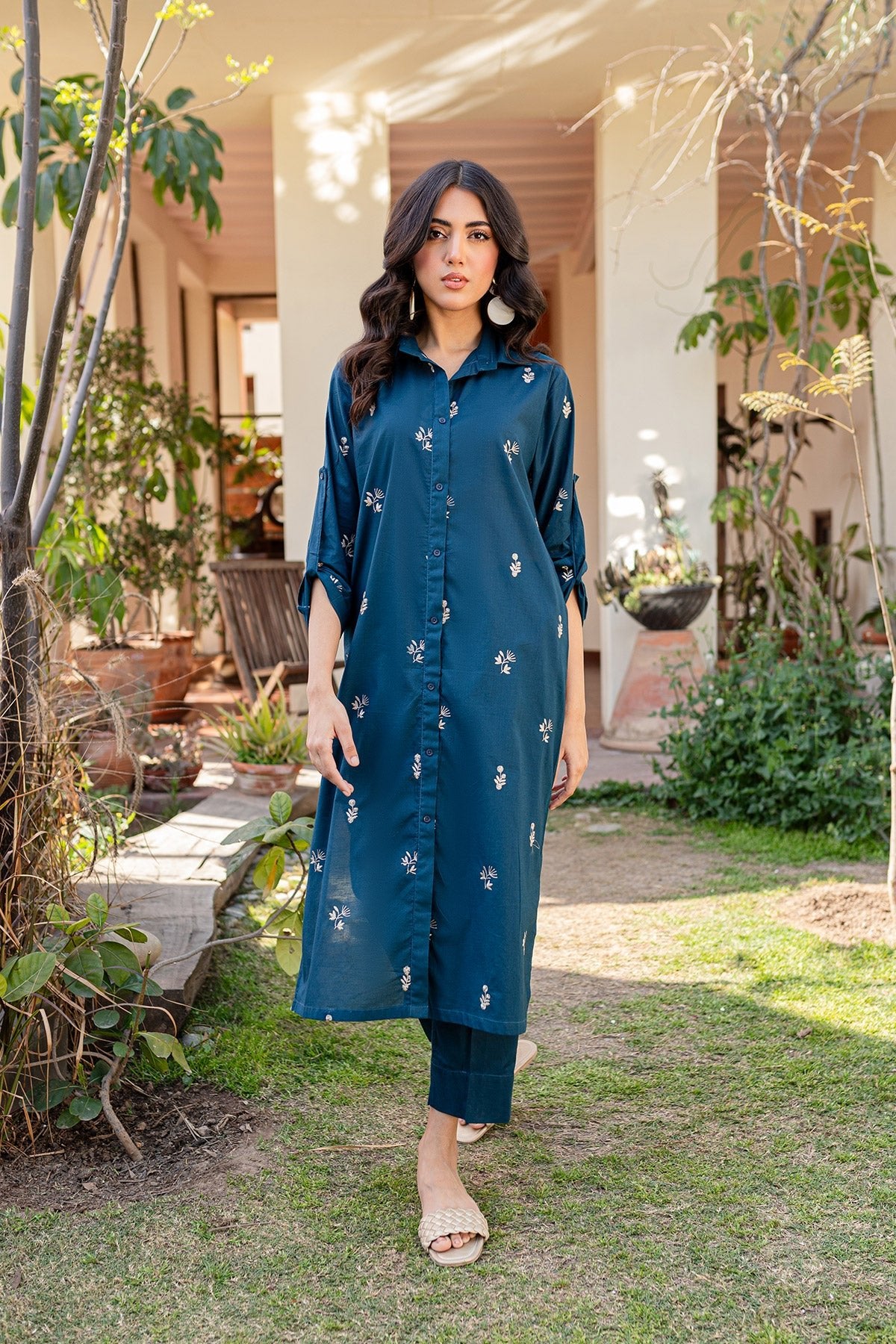 Navy Blue Embroidered Dress - Peach Republic