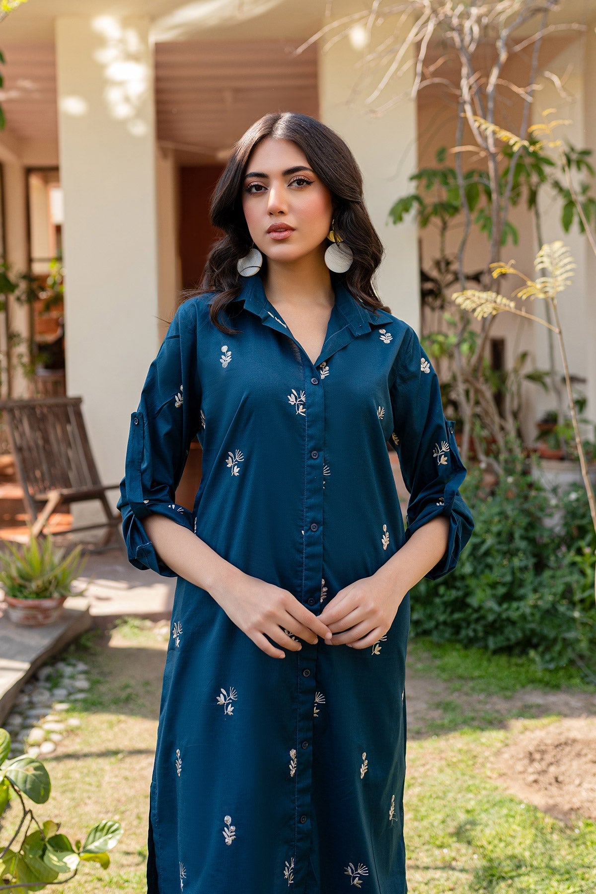 Navy Blue Embroidered Dress - Peach Republic