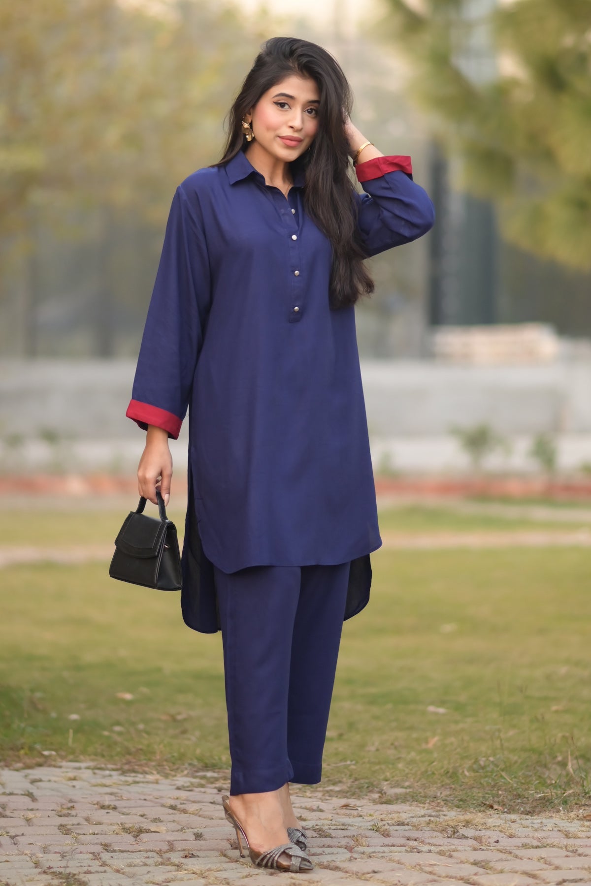 Navy Blue Linen Dress - Peach Republic