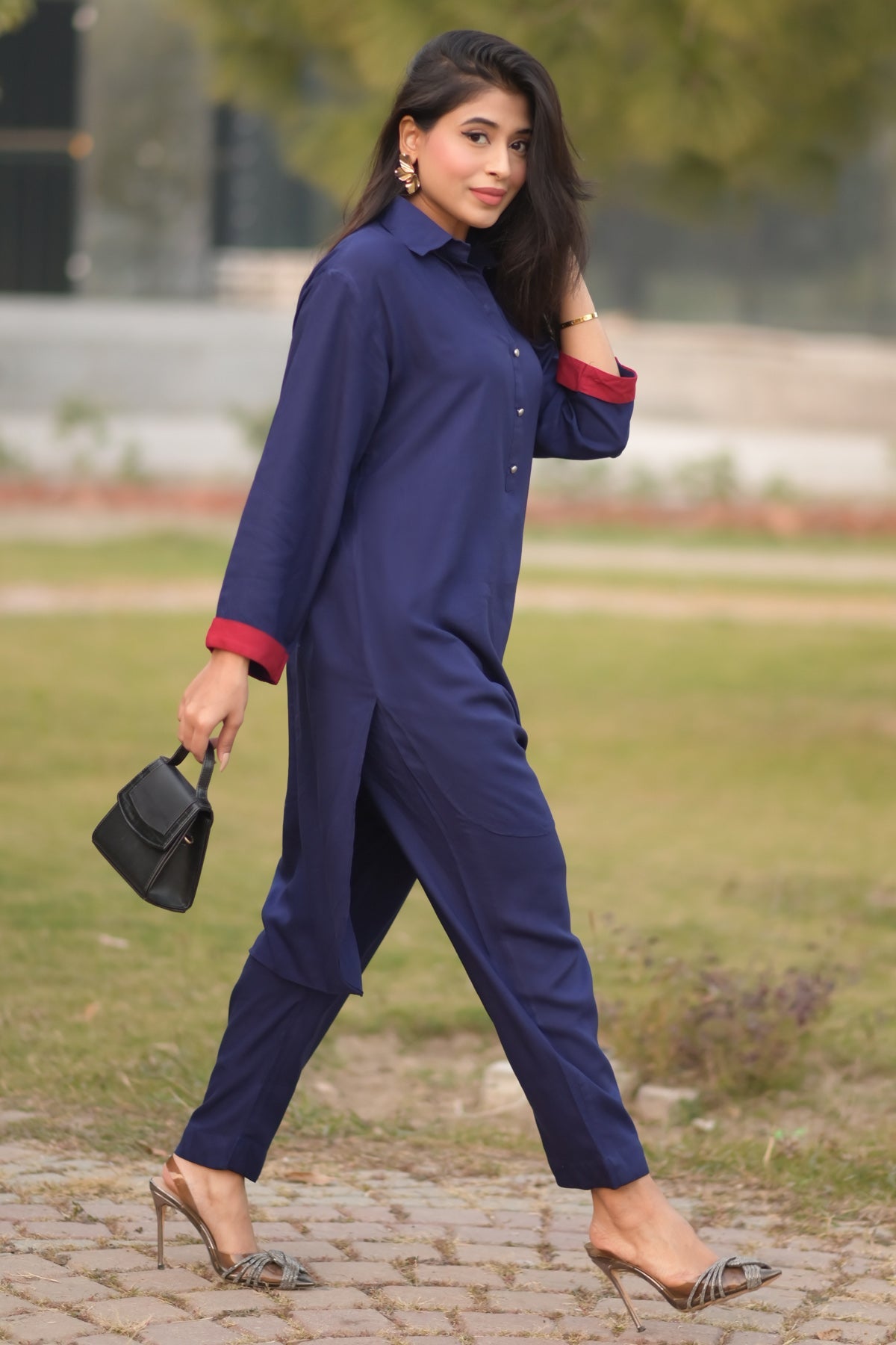 Navy Blue Linen Dress - Peach Republic