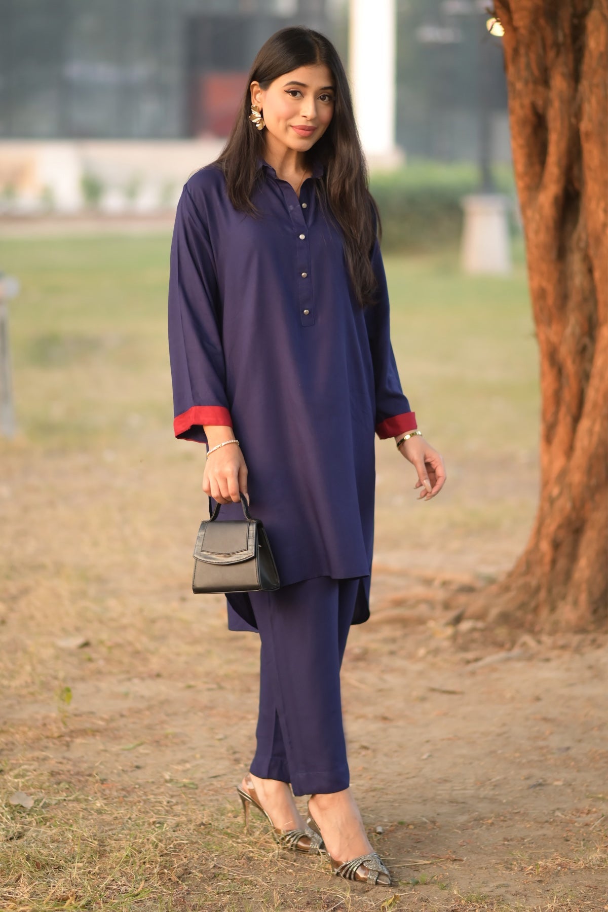 Navy Blue Linen Dress - Peach Republic