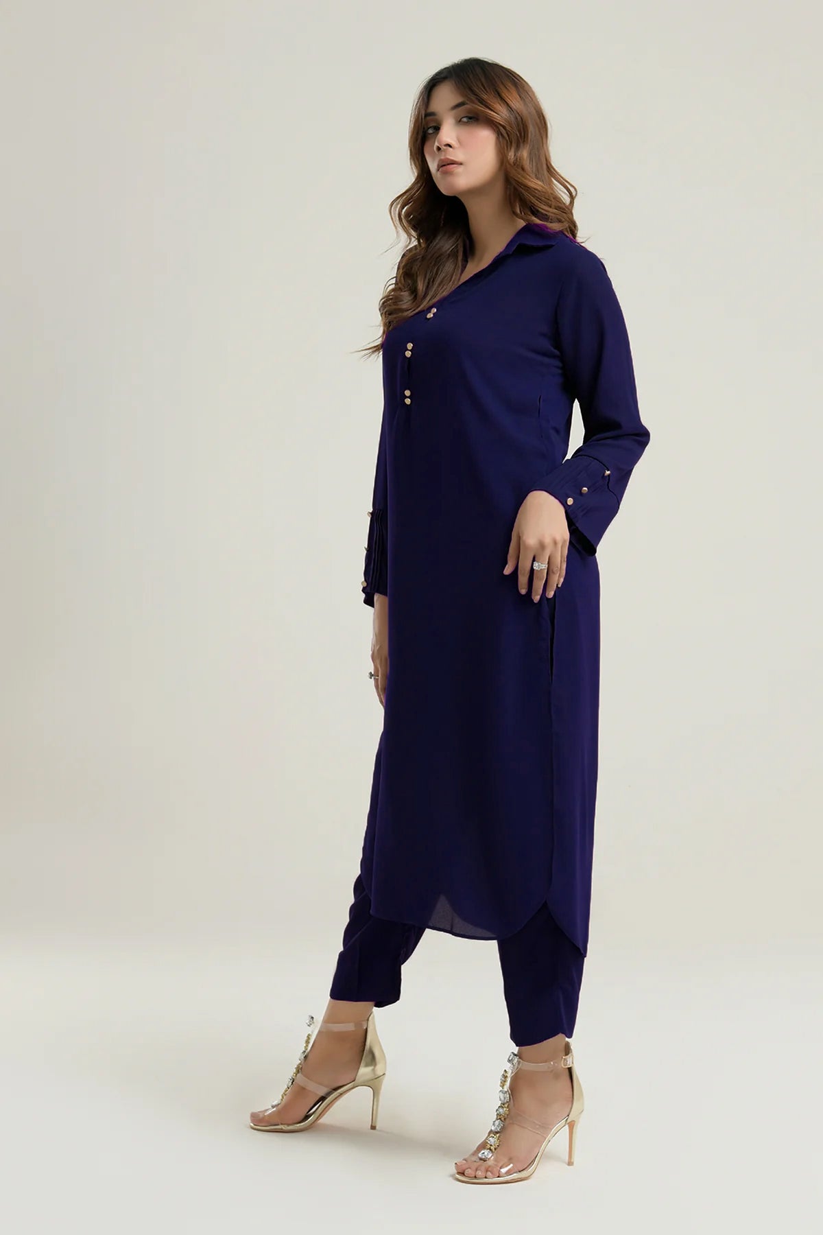 Navy Blue Premium Collar Dress - Peach Republic