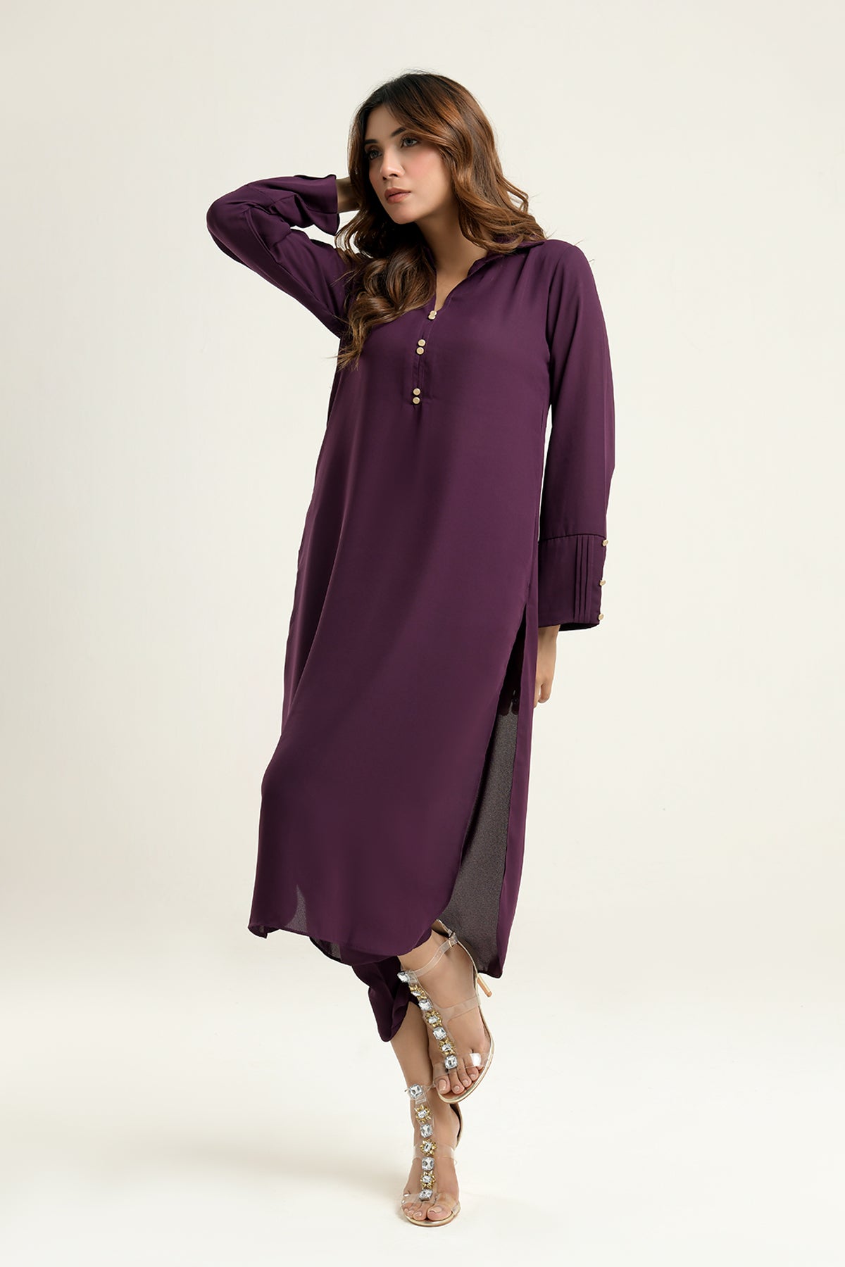 Purple Crepe Premium Collar Dress-CC - Peach Republic