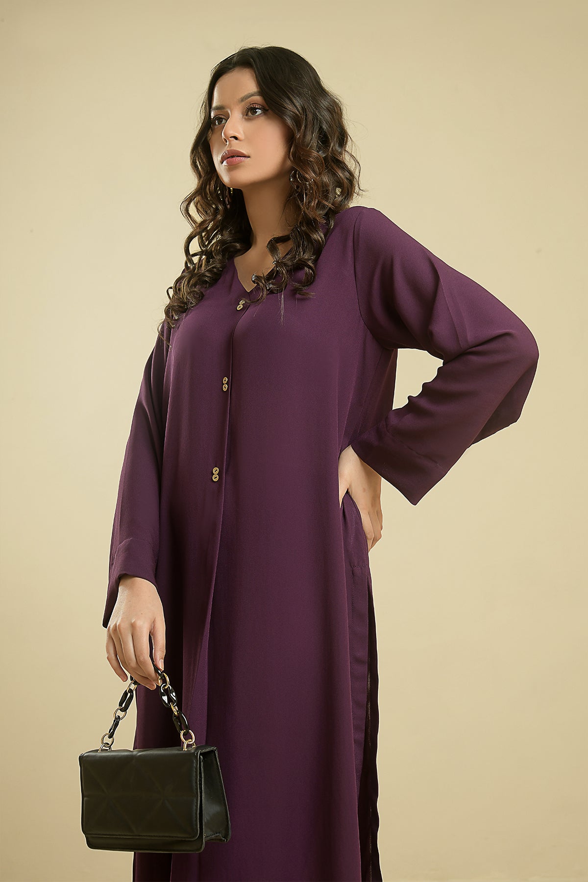 Purple Elegant Crepe V-Neck Dress - Peach Republic