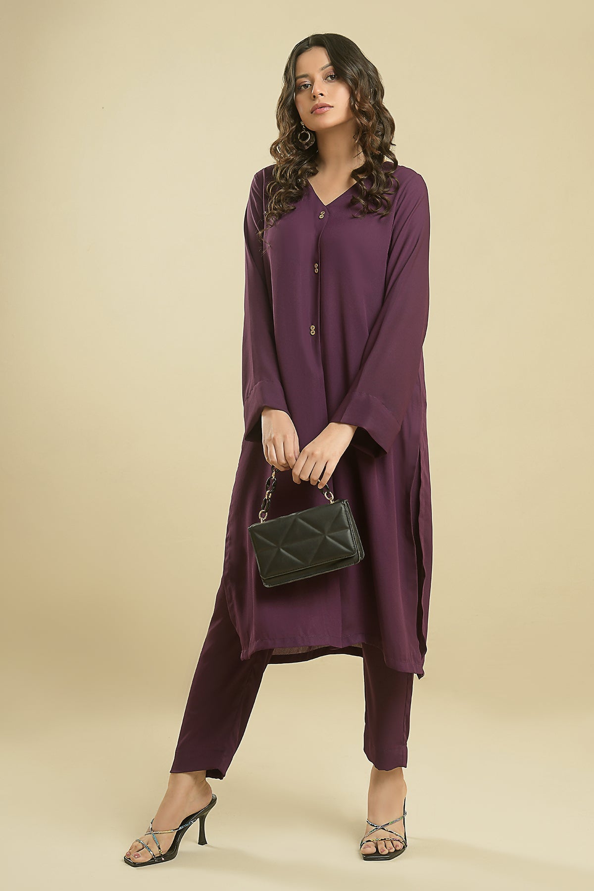 Purple Elegant Crepe V-Neck Dress - Peach Republic