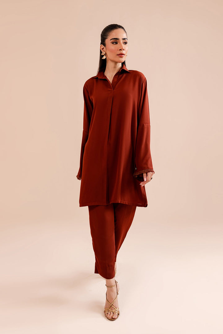 Rust Crepe Elegant Dress - Peach Republic