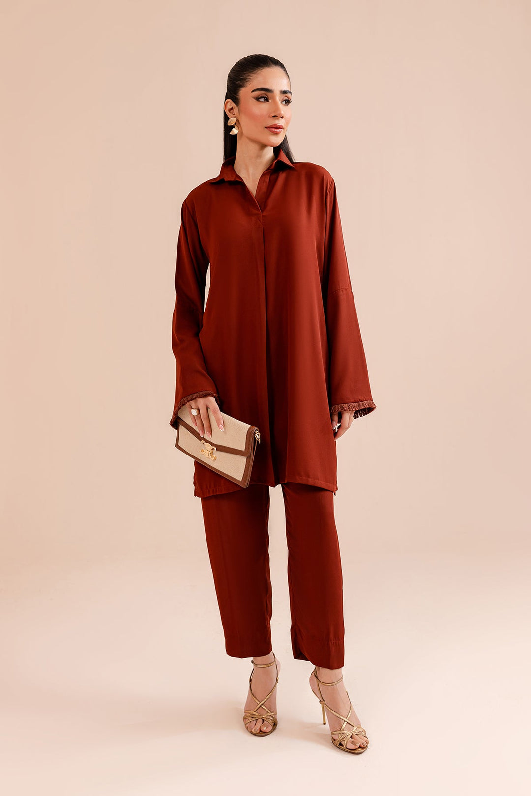 Rust Crepe Elegant Dress - Peach Republic