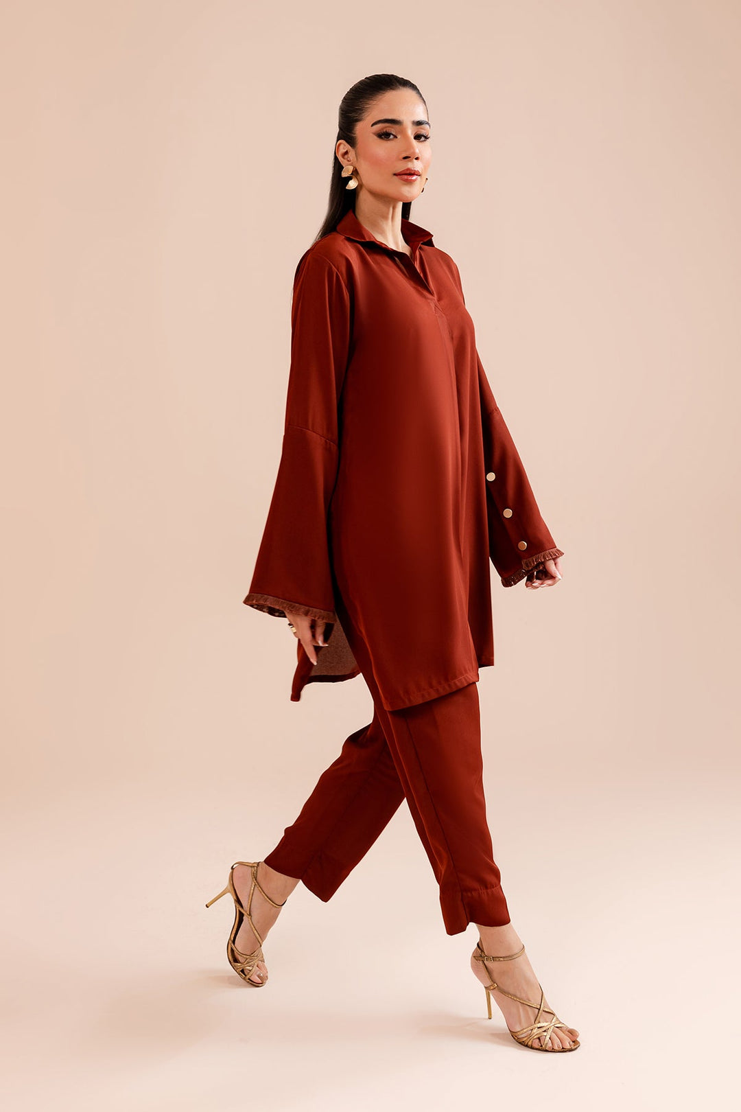 Rust Crepe Elegant Dress - Peach Republic