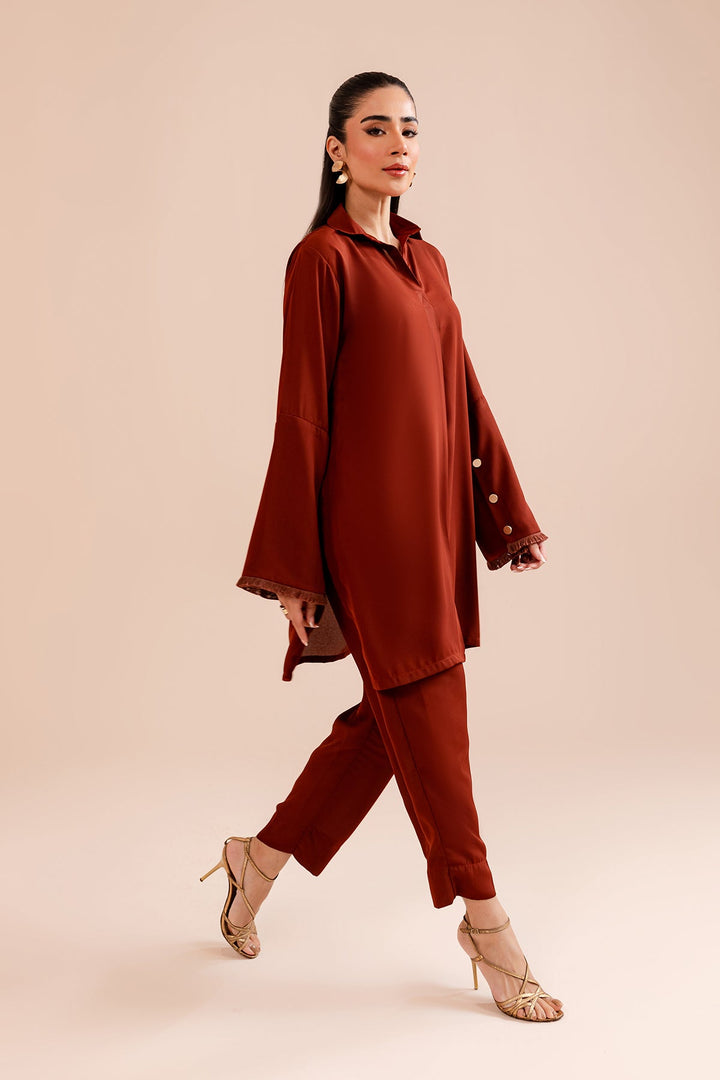 Rust Crepe Elegant Dress - Peach Republic