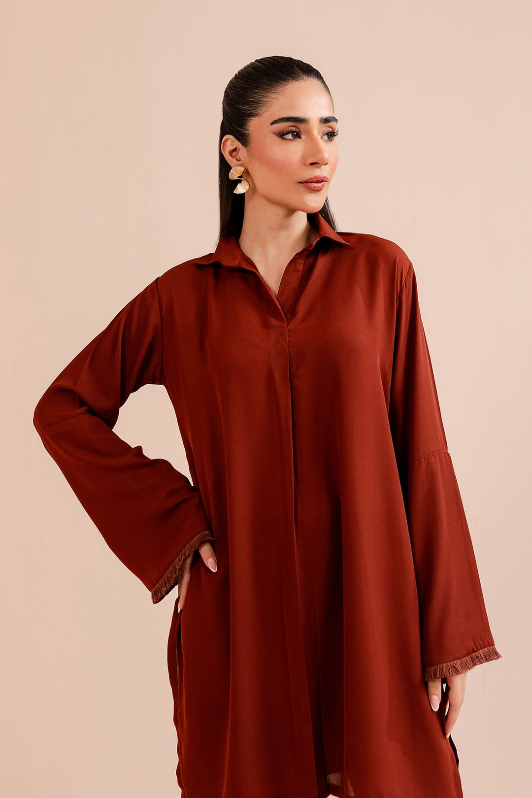 Rust Crepe Elegant Dress - Peach Republic