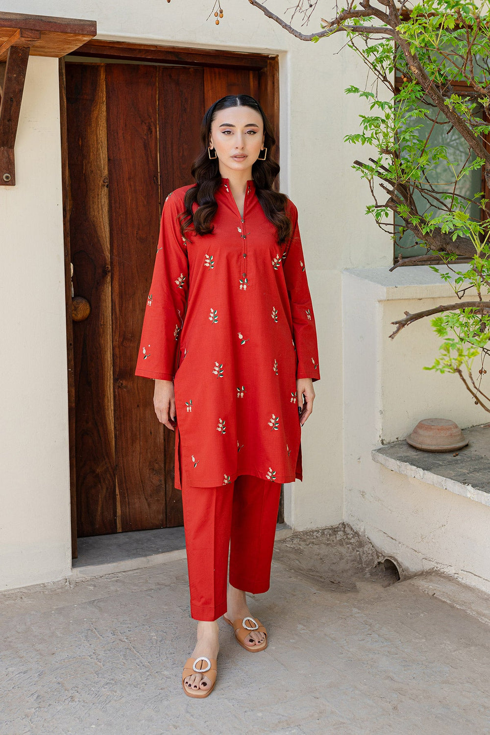 Scarlet Rust Embroidered Dress - Peach Republic