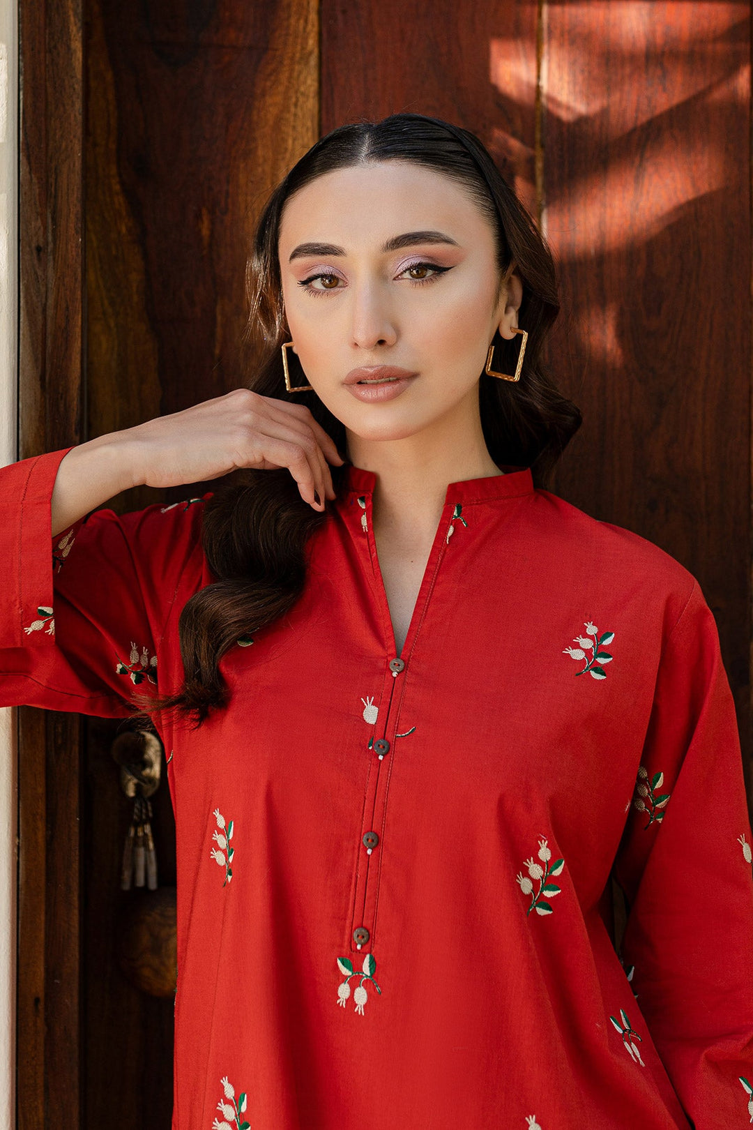 Scarlet Rust Embroidered Dress - Peach Republic