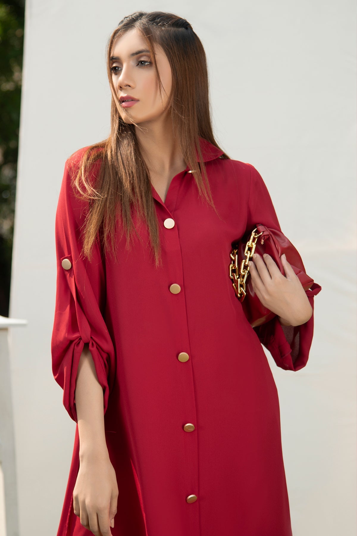 Solid Red Buttoned Dress - Peach Republic